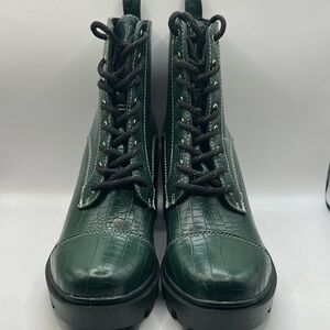 Emerald Crocodile-Embossed Combat Boots